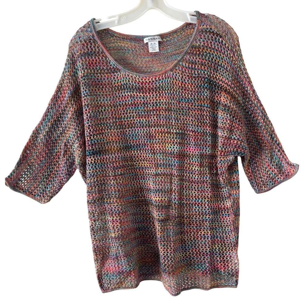 Hannah Womens XL Space Dye Open Knit Mesh Sweater Multi Color Elbow Sleeve Top
